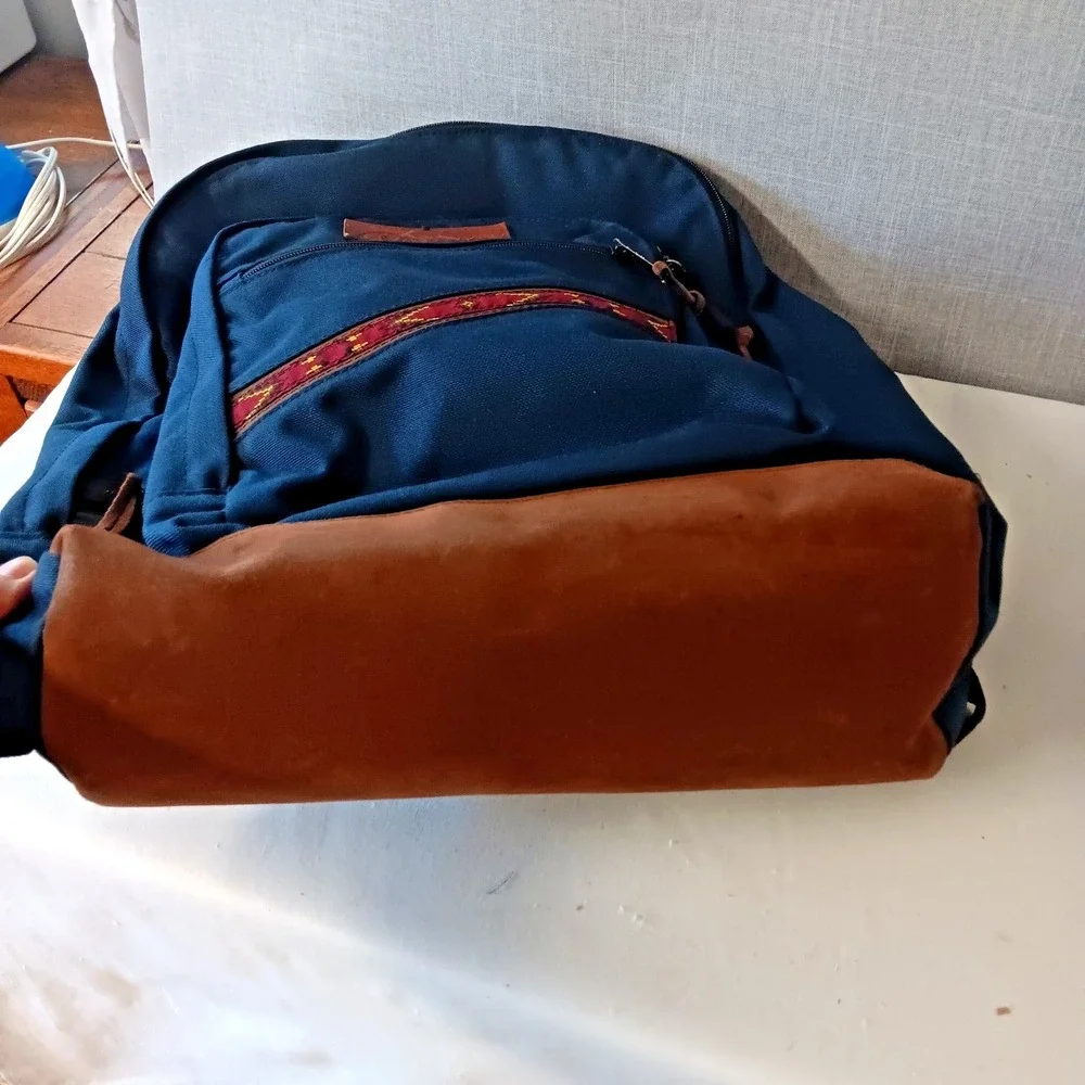 Vintage 90s Eastpak Suede Leather Bottom Blue Aztec Made In USA School Hiking